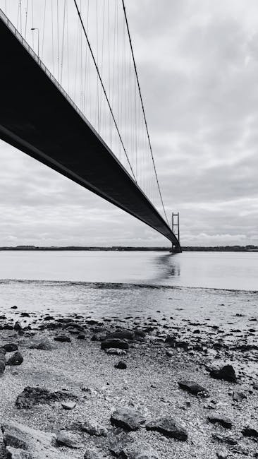 A black-and-white photograph of a large suspension bridge spanning across a wide river, with towering support pillars and multiple cables connecting the bridge deck to the main towers. The view is from the riverbank, showing the rocky shoreline in the foreground with scattered stones and pebbles. The underside of the bridge is visible, emphasizing the structural design, while the cloudy sky above suggests overcast weather. This scene captures the scale and engineering of the bridge, which is relevant to transportation and infrastructure associated with house removals and moving services provided by companies like manwithvankingstonuponthames.org.uk that support home relocation and furniture transport across Kingston upon Thames.